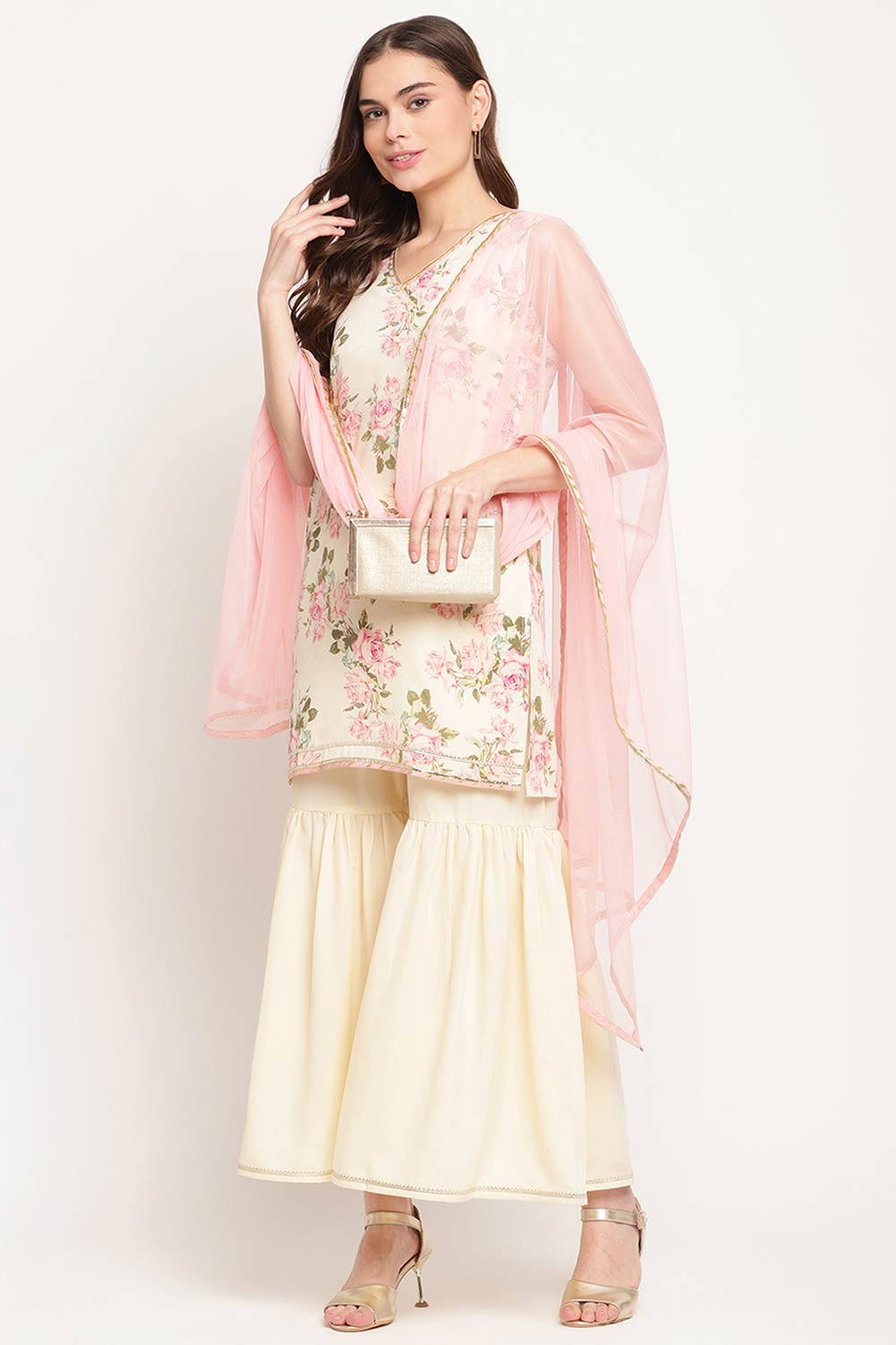 Women Beige Crepe Digital Floral Print Kurta Sharara Set With Dupatta