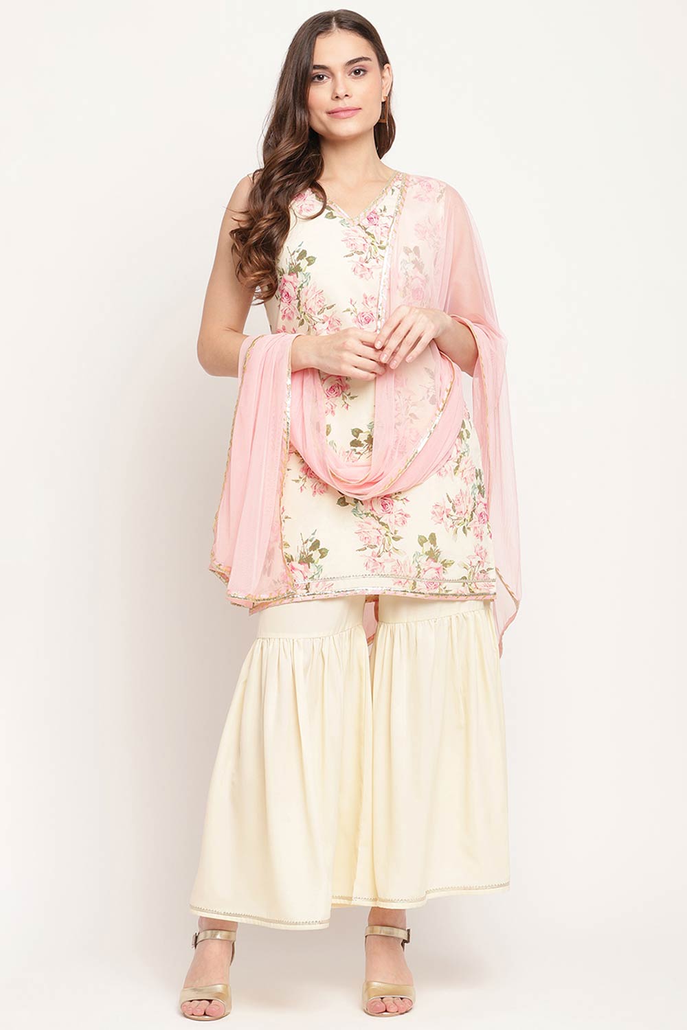 Women Beige Crepe Digital Floral Print Kurti Sharara Set With Dupatta