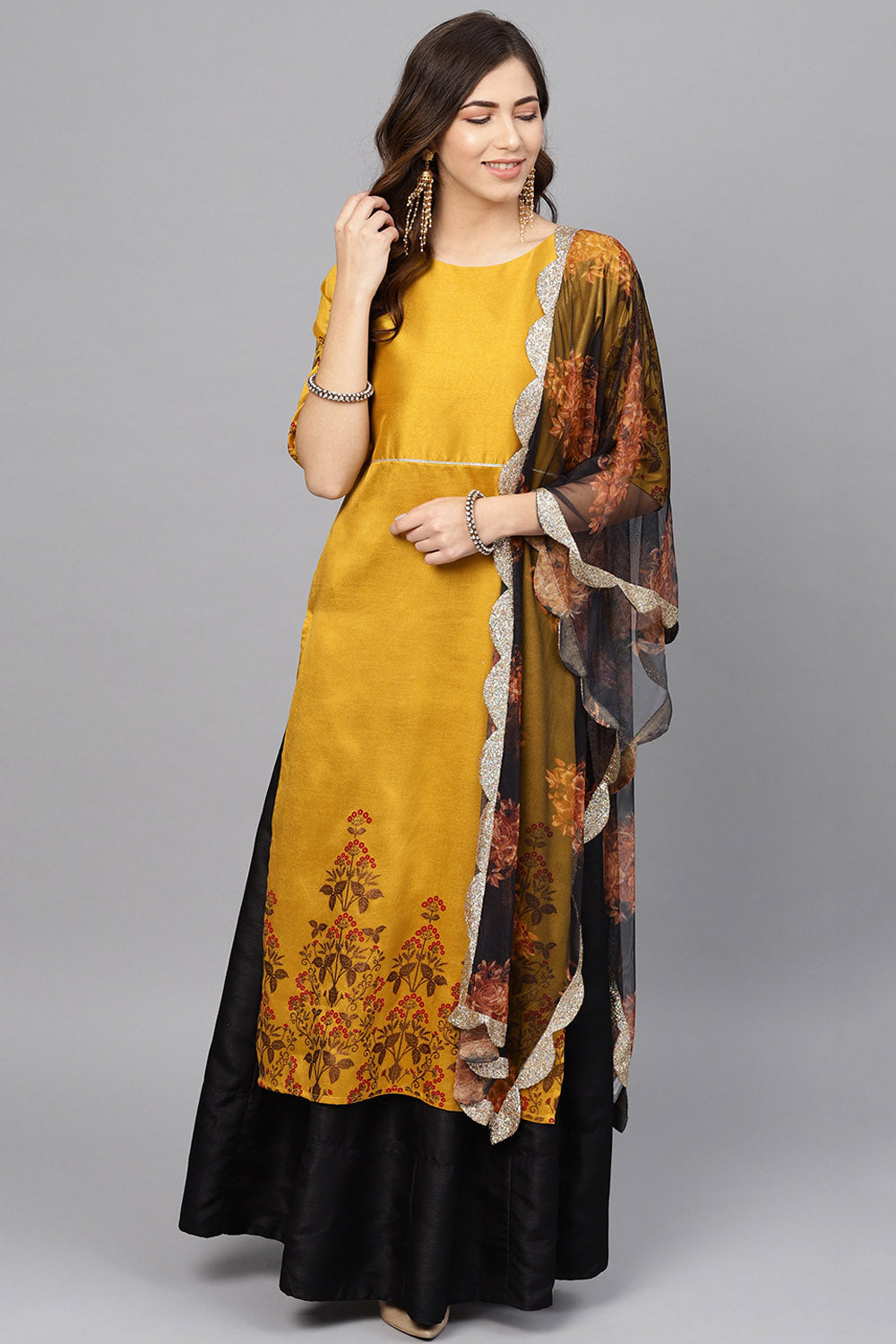 Poly Silk Printed Kurta Set in Yellow