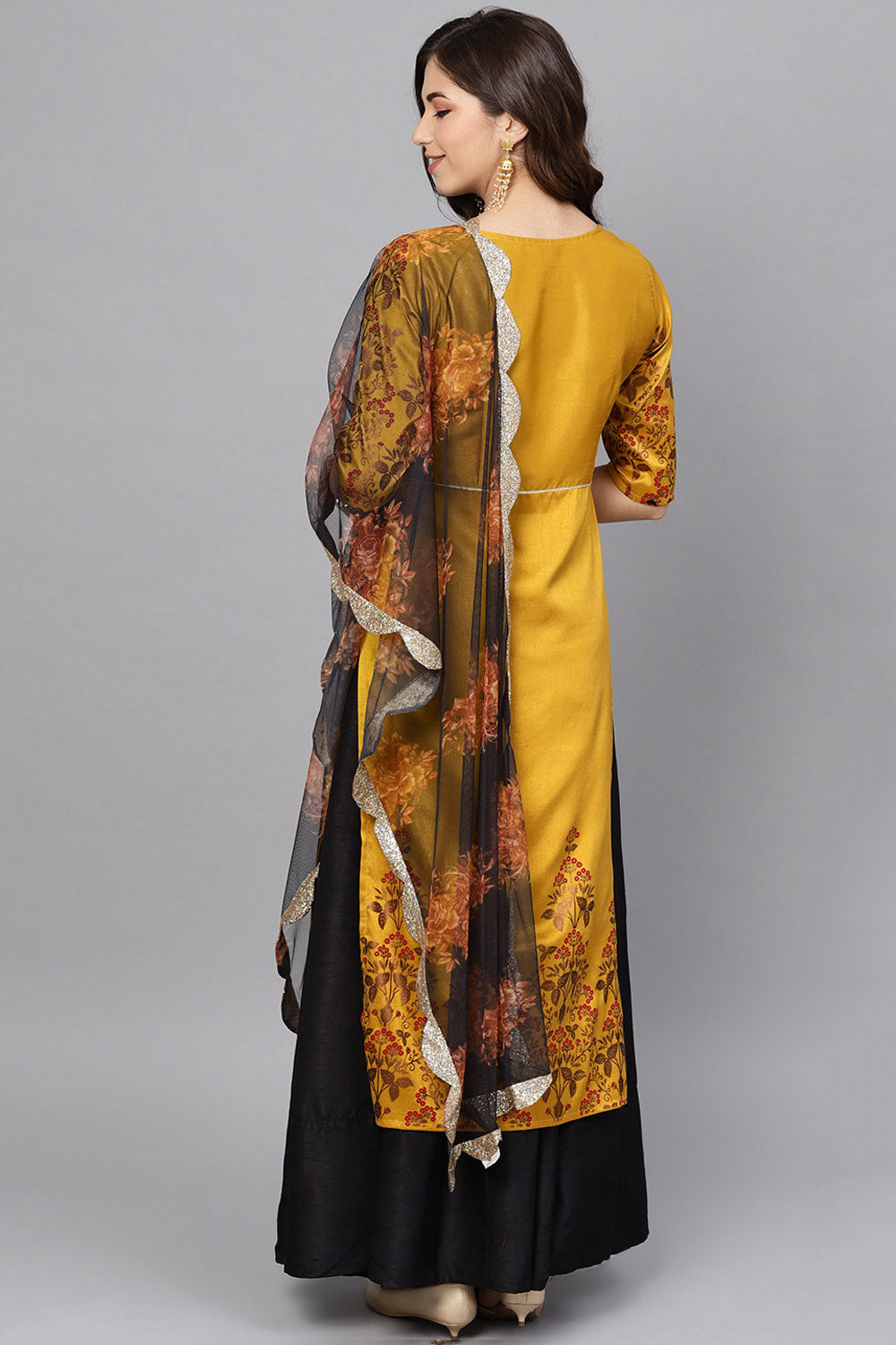 Poly Silk Printed Kurta Set in Yellow - Back