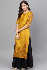 Poly Silk Printed Kurta Set in Yellow - SIde