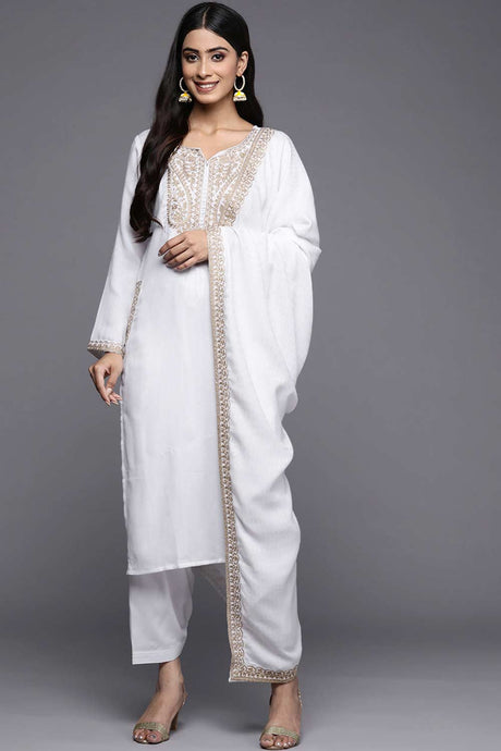 Buy White Ethnic Motifs Embroidered Pashmina Kurta Salwar Set With Dupatta Online