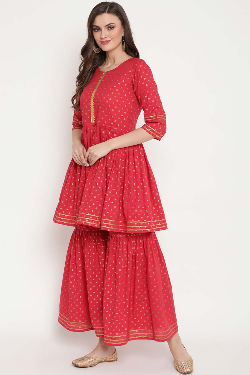 Buy Cotton Foil Printed Kurta Set in Red Online - Front