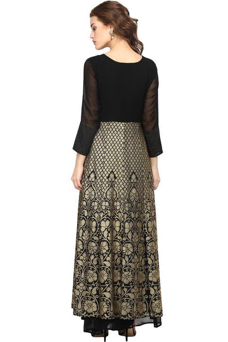 Women Black Georgette Gold Print Dress