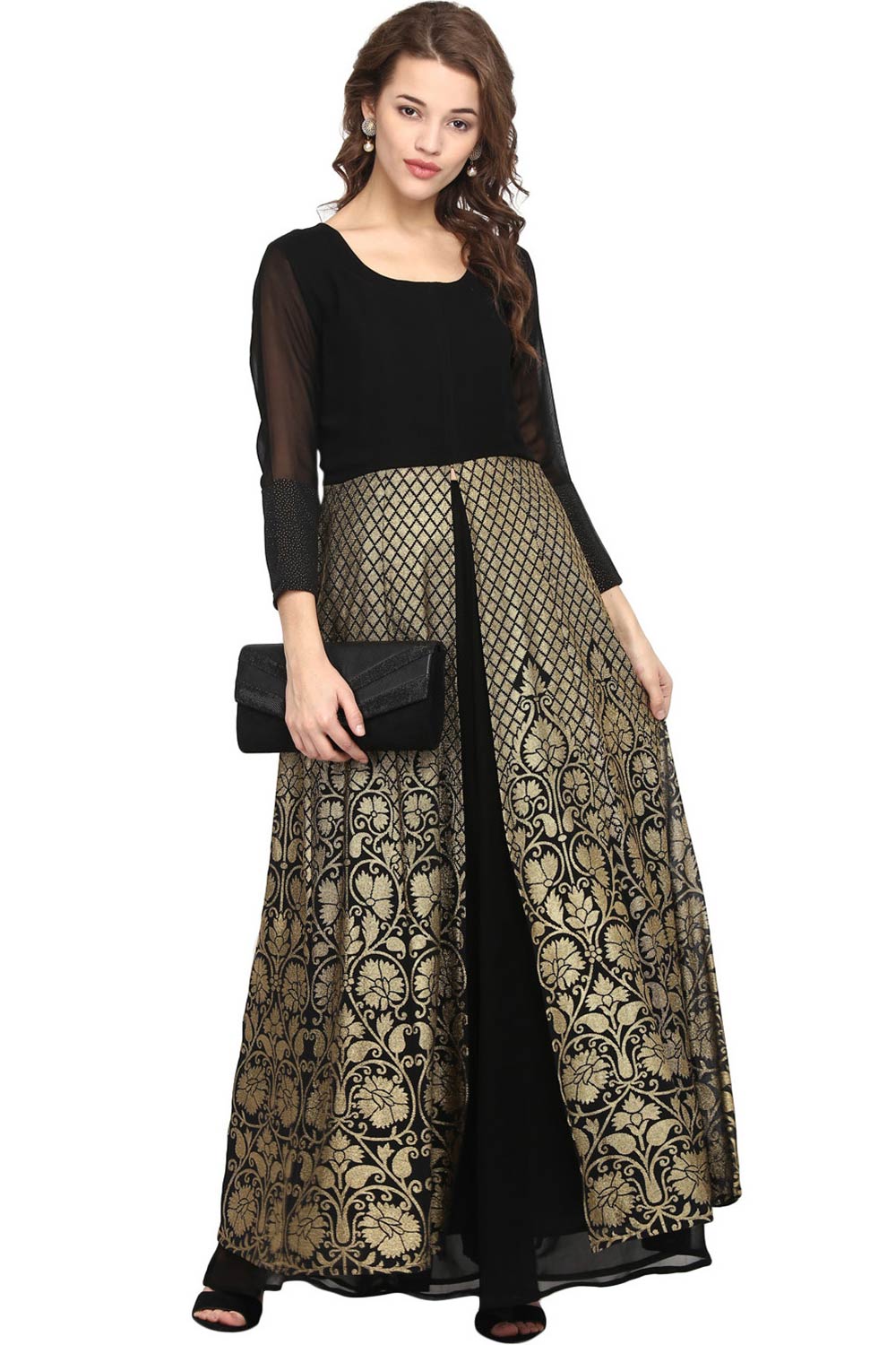 Women Black Georgette Gold Print Dress