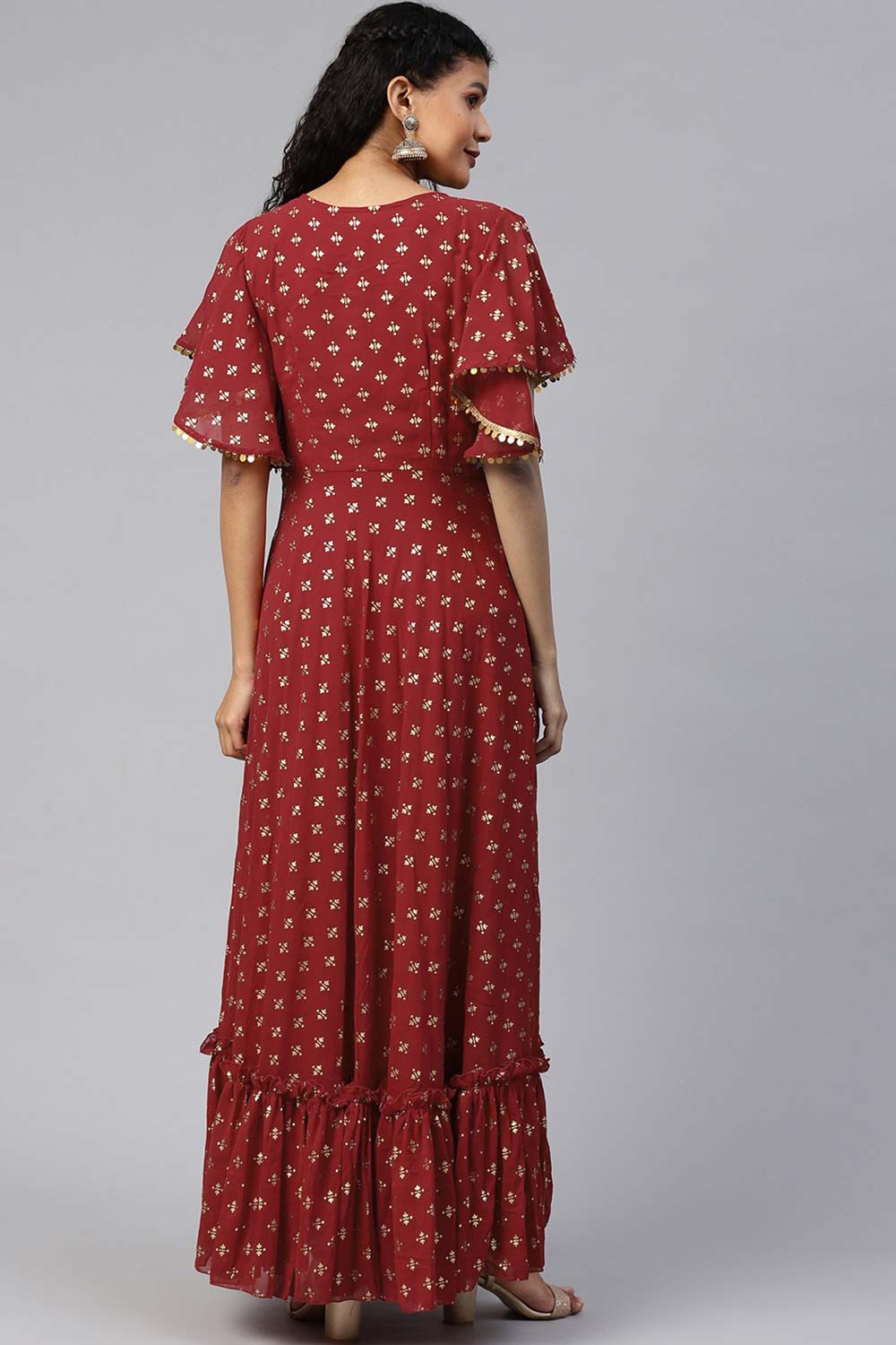 Maroon Georgette Gold Printed Kurti