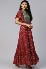 Maroon Georgette Gold Printed Kurta