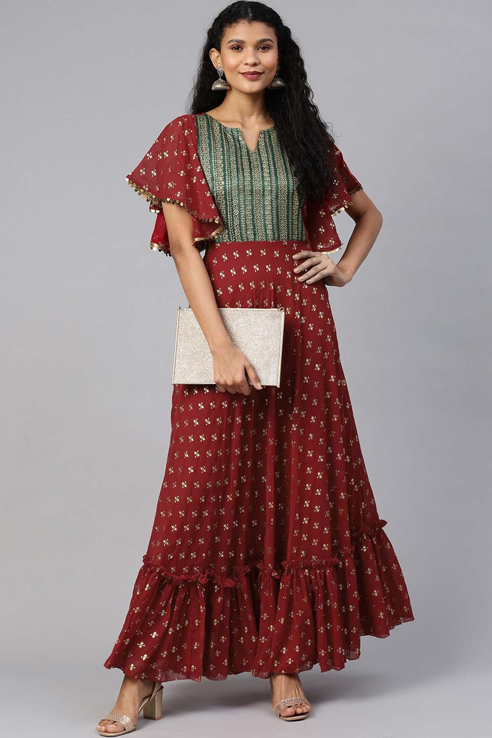 Maroon Georgette Gold Printed Kurta