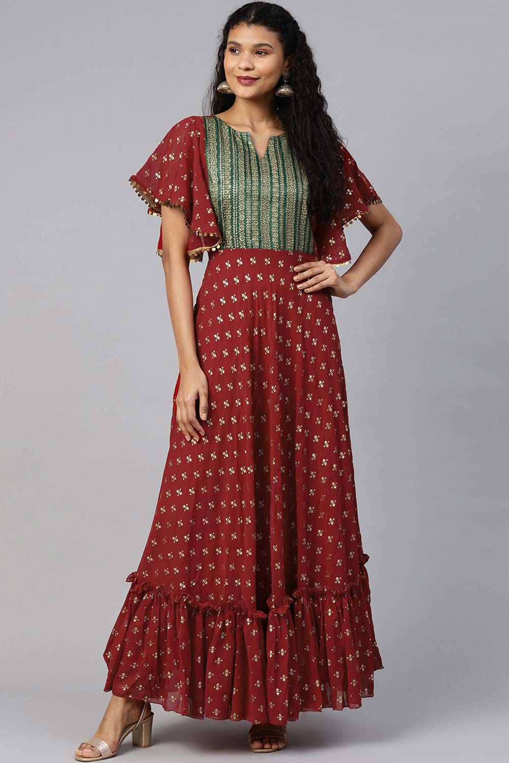 Maroon Georgette Gold Printed Kurta