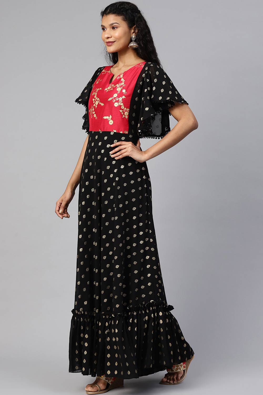 Women Black Georgette Gold Printed Kurta