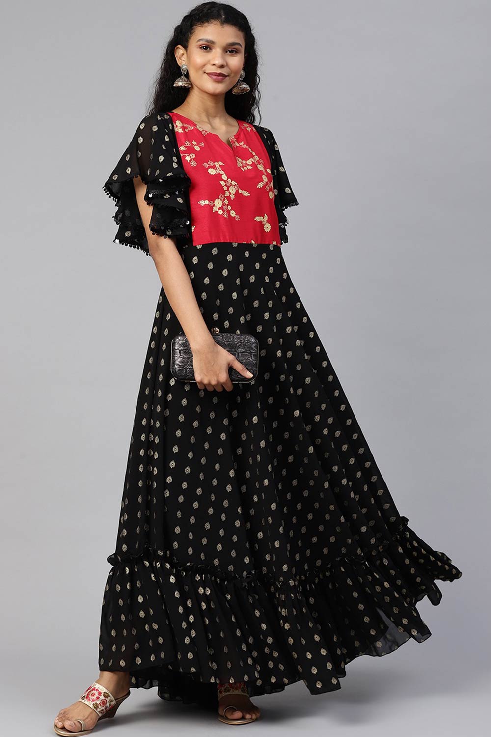 Women Black Georgette Gold Printed Kurta