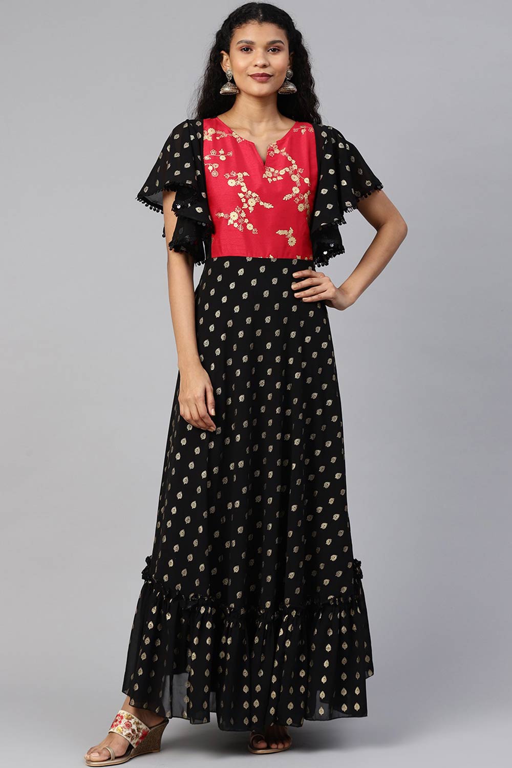 Women Black Georgette Gold Printed Kurti