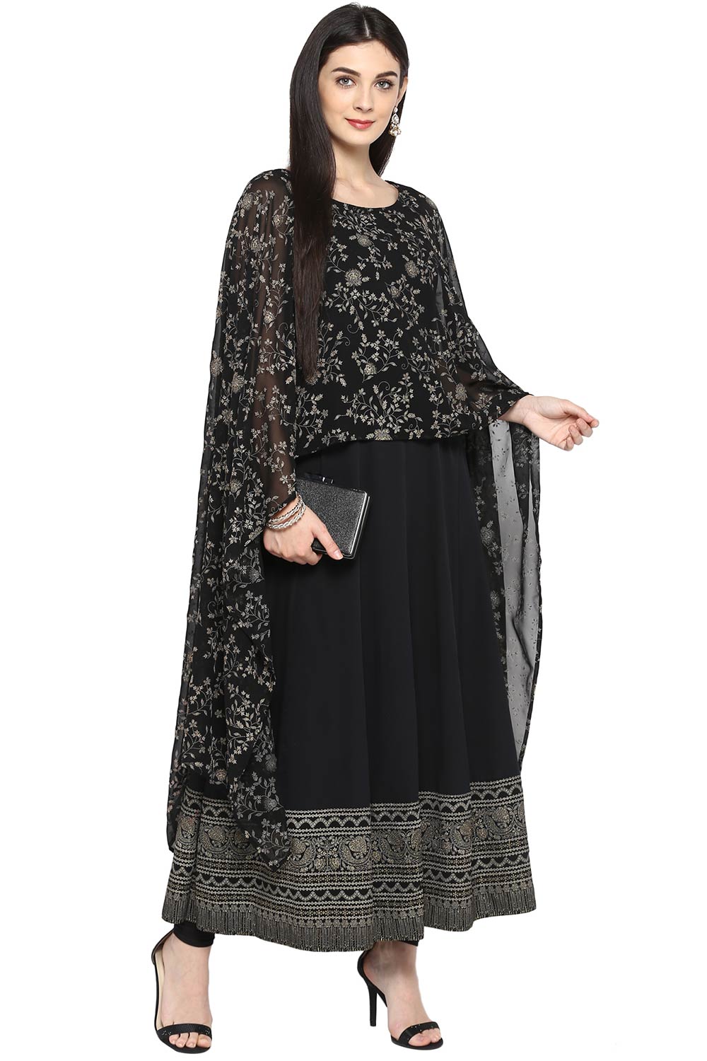 Women Black Crepe Printed Kurta Top With Attached Dupatta