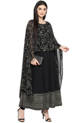 Women Black Crepe Printed Kurta Top With Attached Dupatta