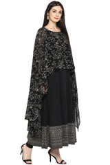 Women Black Crepe Printed Kurta Top With Attached Dupatta