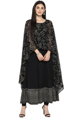 Women Black Crepe Printed Kurta Top With Attached Dupatta