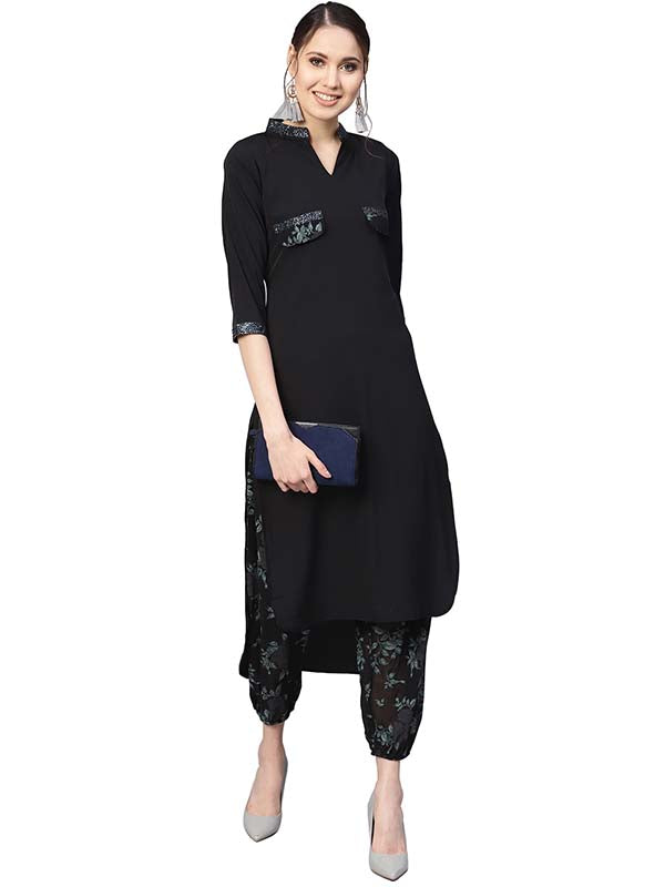 Poly Polyester Pathani Kurta Set In Black