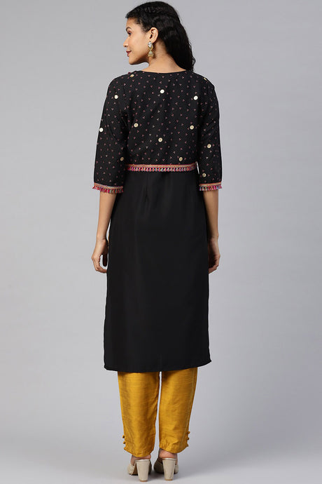 Crepe Solid Kurta with Jacket in Black