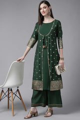 Dark Green Chanderi Gold Foil Printed Kurta Palazzo Set