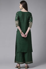 Dark Green Chanderi Gold Foil Printed Kurta Palazzo Set