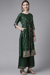 Dark Green Chanderi Gold Foil Printed Kurta Palazzo Set