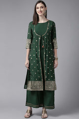 Dark Green Chanderi Gold Foil Printed Kurta Palazzo Set