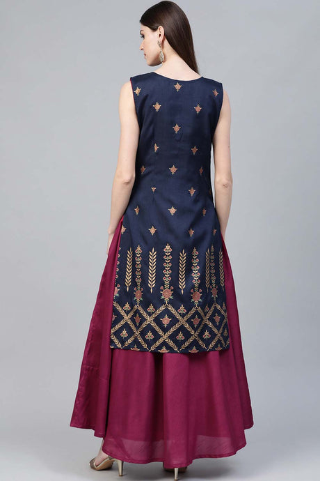 Navy Blue & Magenta Poly Silk Gold Printed Layered Maxi Dress