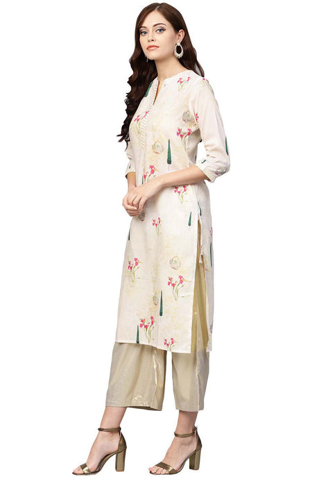 Muslin Digital Print Kurta Top In Beige