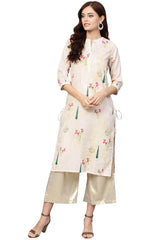 Muslin Digital Print Kurta Top In Beige