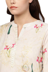 Muslin Digital Print Kurta Top In Beige