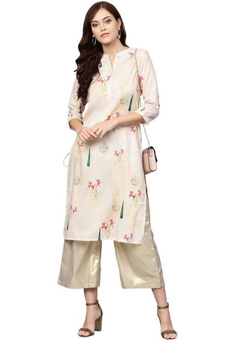 Ahalyaa Muslin Digital Print Kurta in Beige