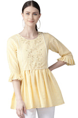 Buy Muslin Checks Print Top in Yellow Online