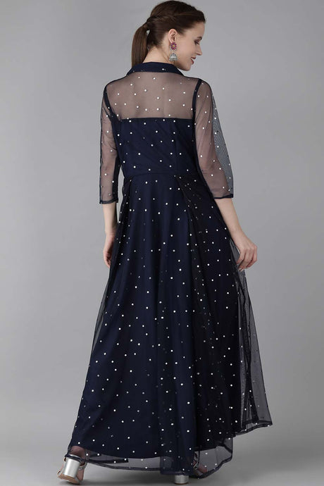 Buy Net Polka Doted Dress in Navy Blue Online - Back