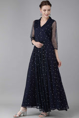 Buy Net Polka Doted Dress in Navy Blue Online - Front