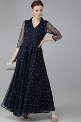 Buy Net Polka Doted Dress in Navy Blue Online - Side