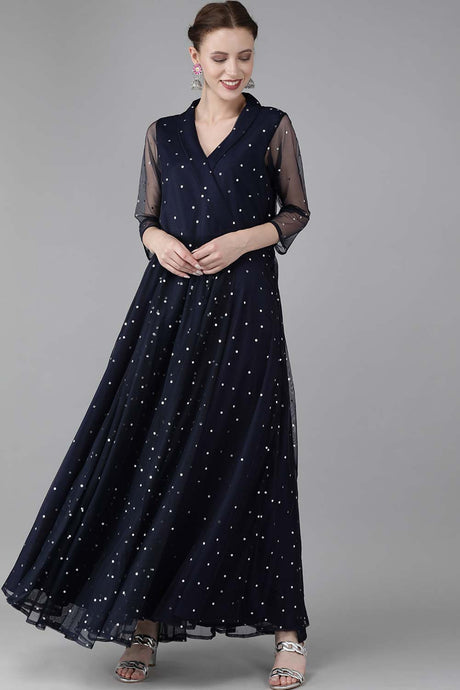 Buy Net Polka Doted Dress in Navy Blue Online