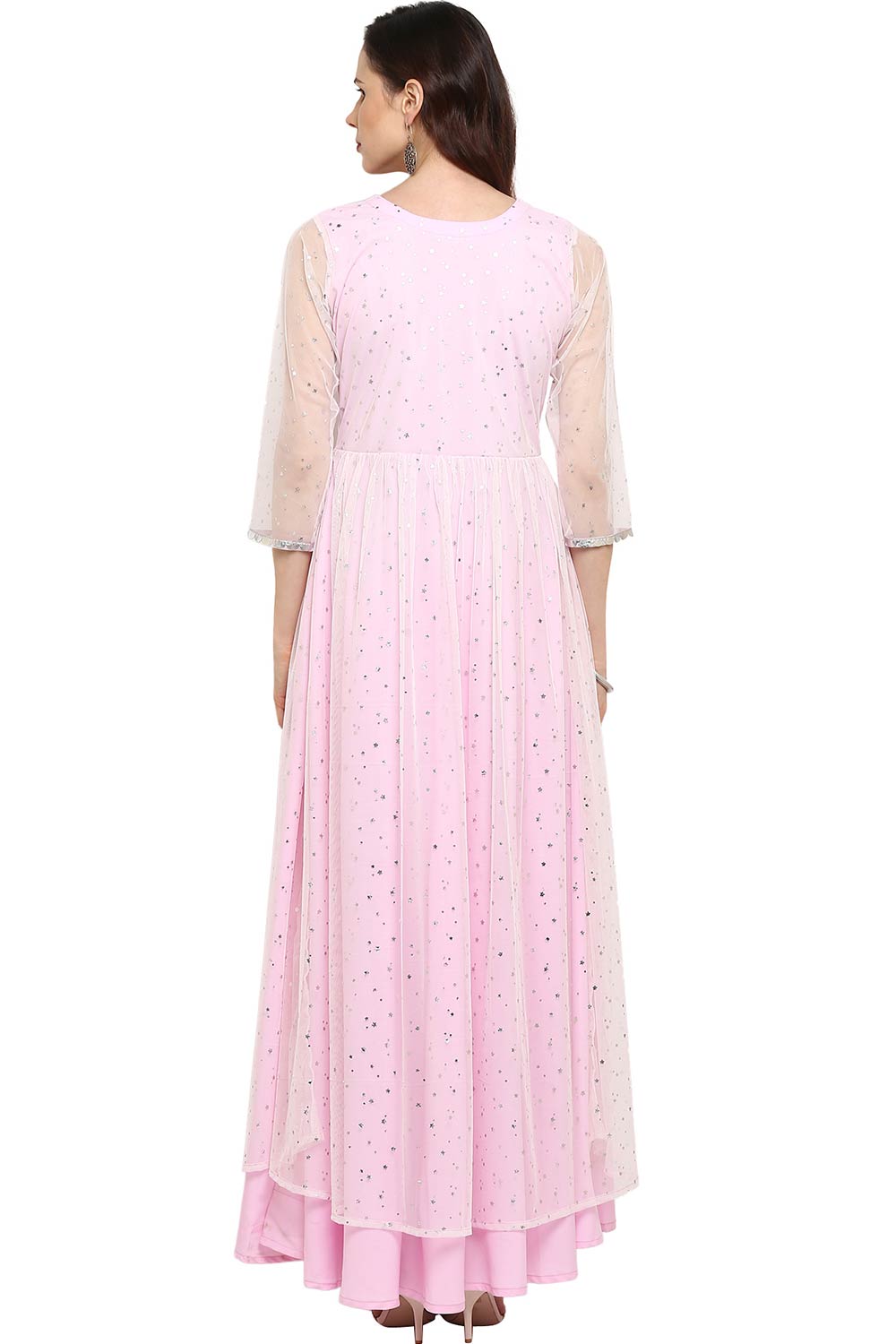 Women Light Pink Crepe & Net Printed Kurti