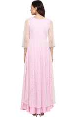 Women Light Pink Crepe & Net Printed Kurta