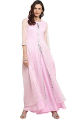 Women Light Pink Crepe & Net Printed Kurta