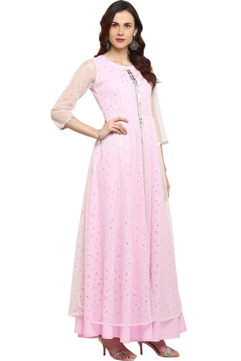 Women Light Pink Crepe & Net Printed Kurta