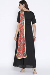 Women Black Poly Silk Kurta With Printed Dupatta