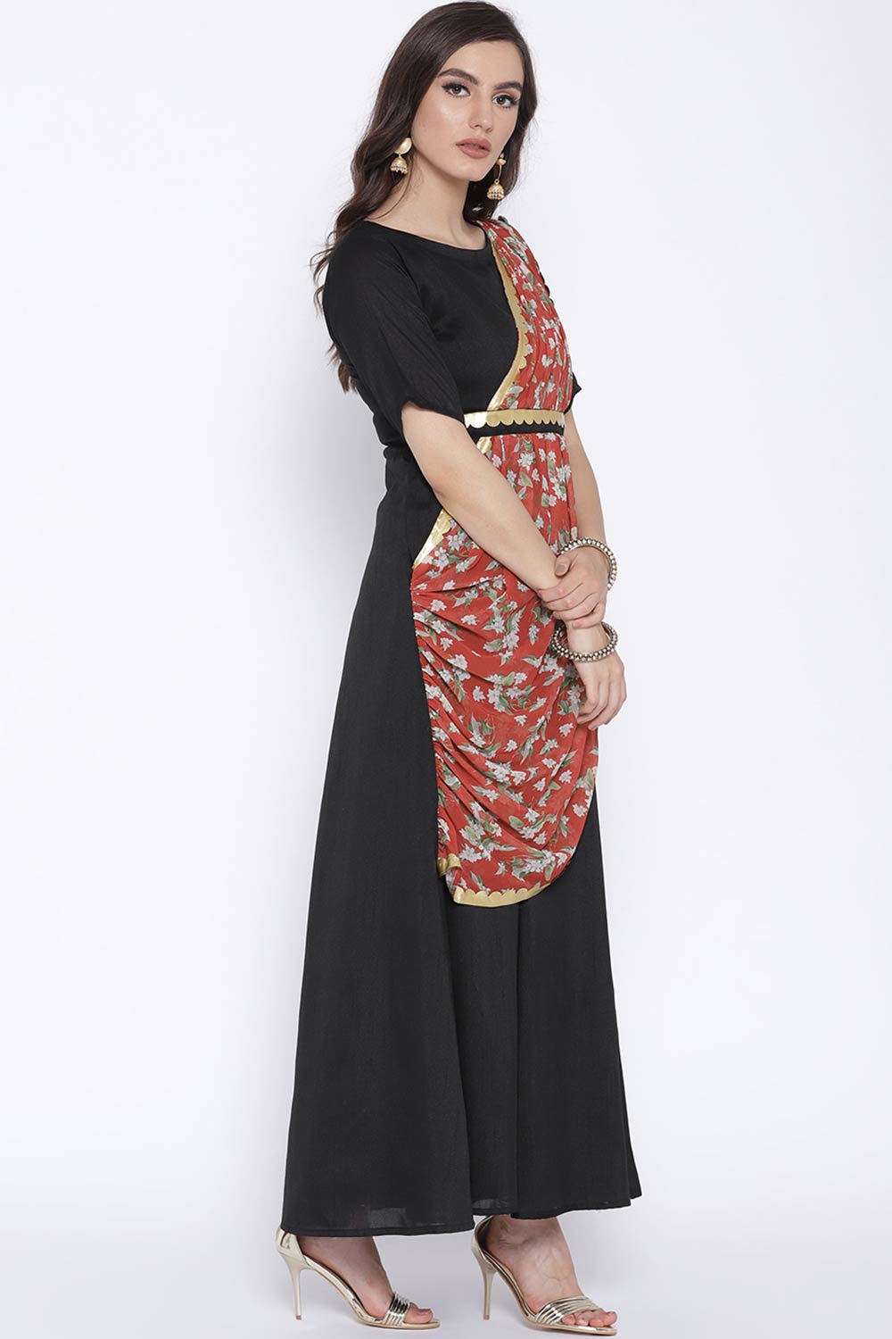 Women Black Poly Silk Kurta With Printed Dupatta