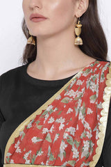 Women Black Poly Silk Kurta With Printed Dupatta