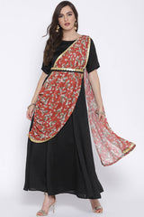 Women Black Poly Silk Kurta With Printed Dupatta