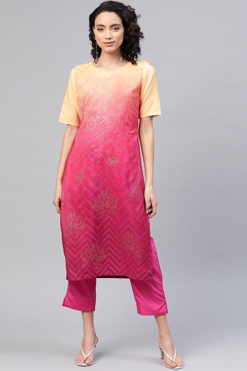 Buy Women's Crepe Kurta Set in Yellow and Dark Pink