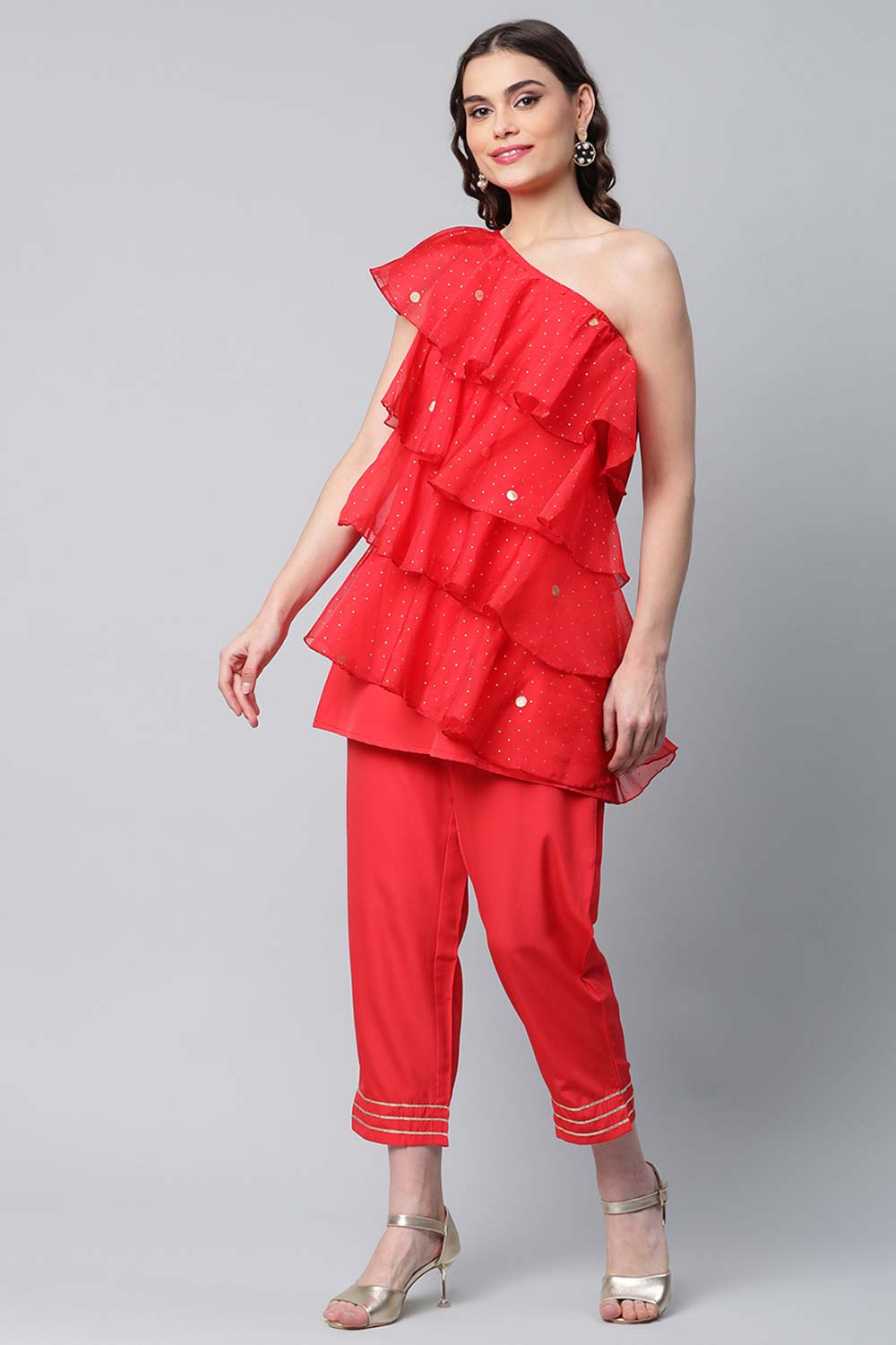 Red Printed Layered Top With Trousers