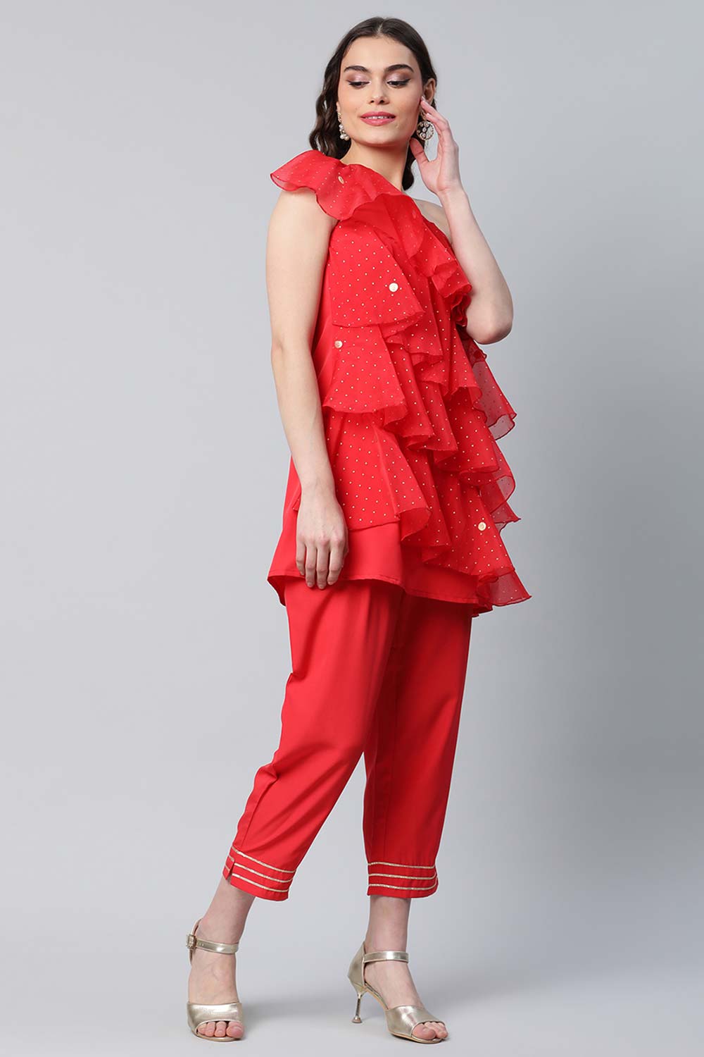 Red Printed Layered Top With Trousers