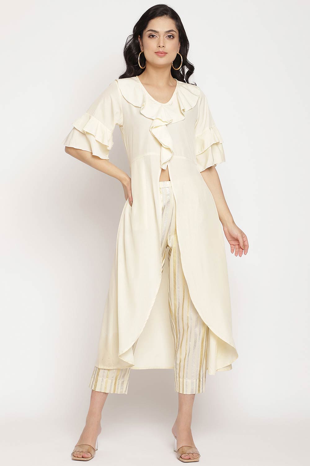 Women Off White Layered Kurti With Trousers