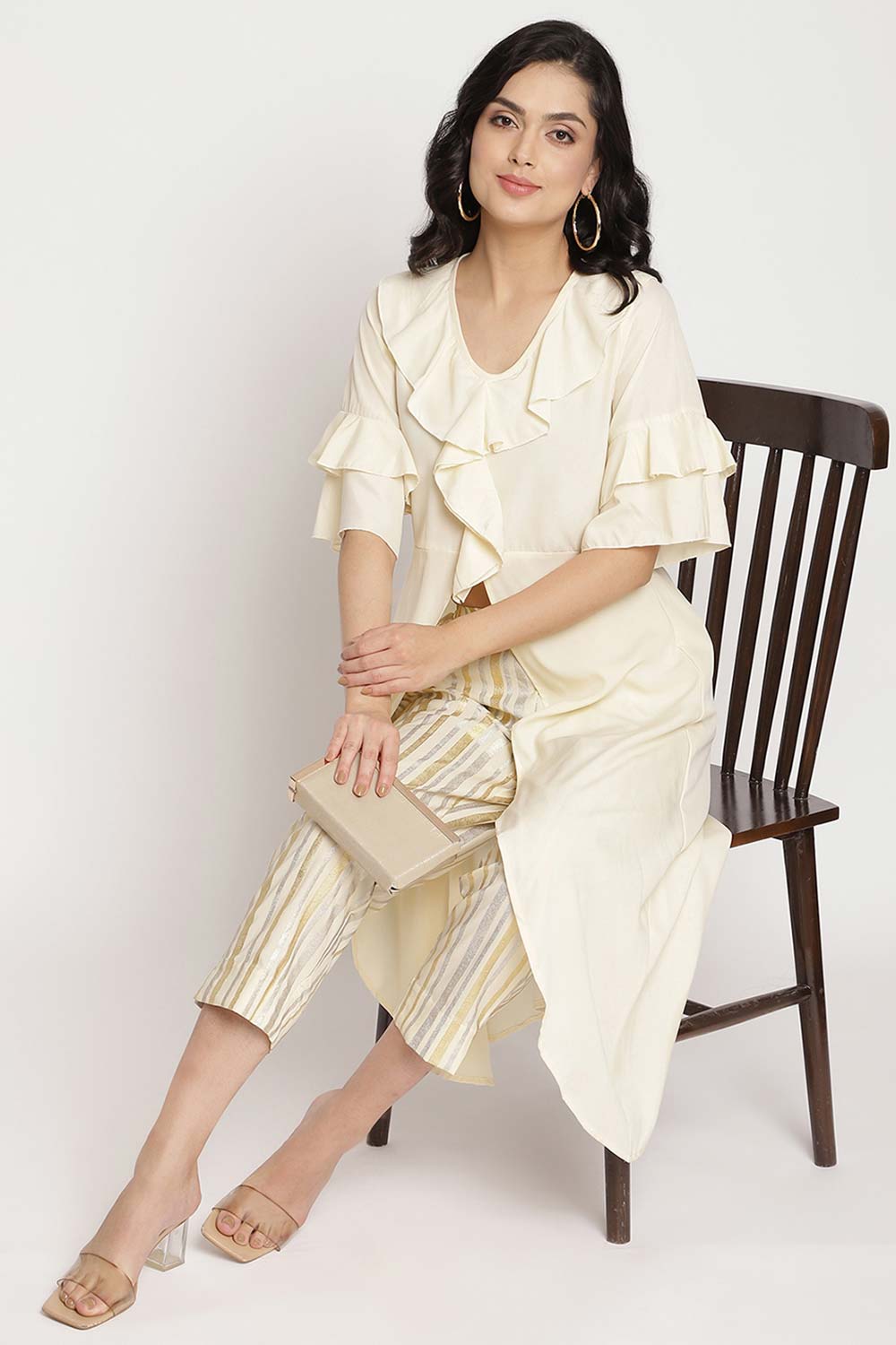 Buy Crepe Printed Kurta Set in Offwhite - Zoom in