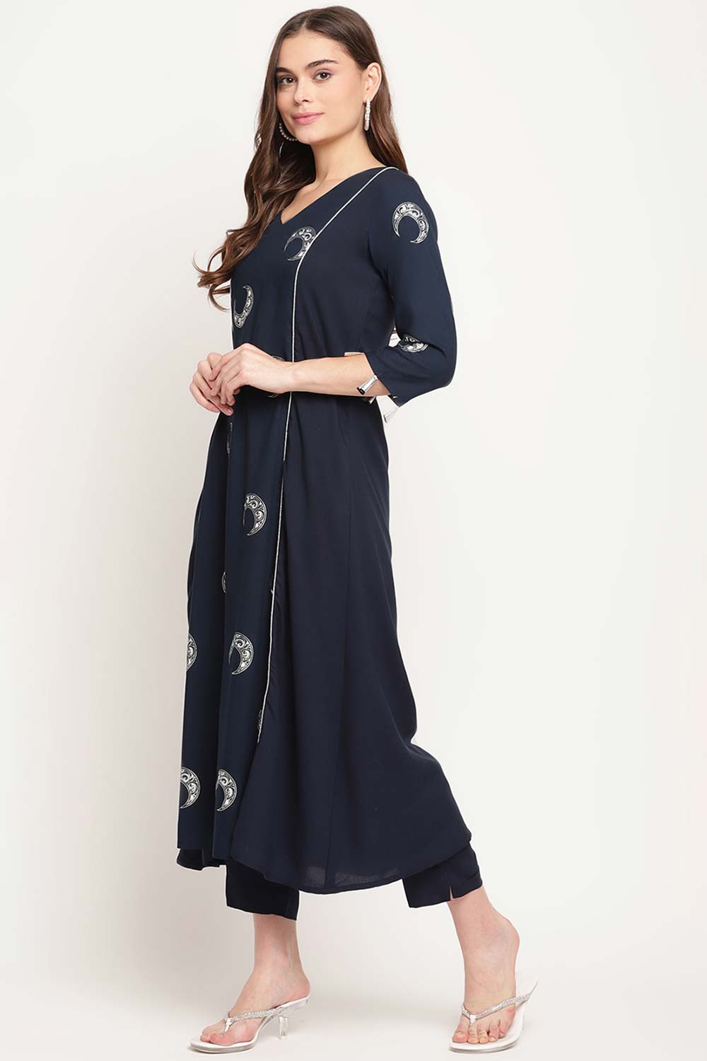 Buy Rayon Foil Print Kurta Set in Navy Blue - Back